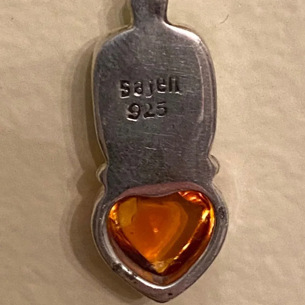 Sajen Green Turquoise and Amber Heart Sterling Silver Pendant - Picture 5 of 6